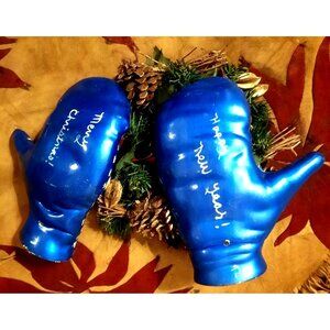 Vintage Christmas Winter Mittens Metallic Blue and Silver Ceramic Hand Painted G